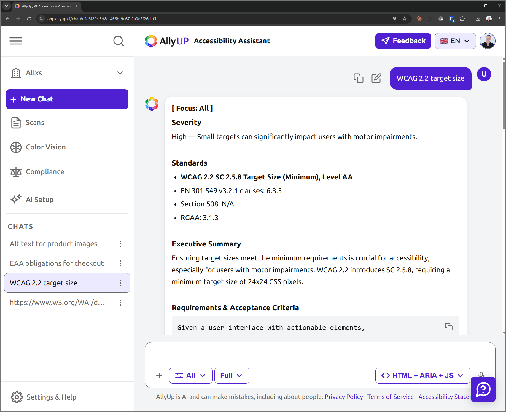 The AllyUp AI assistant answering a question about WCAG 2.2 target size, showing the severity, the WCAG, EN 301 549, Section 508 and RGAA clauses it maps to, plus design, UX and development guidance.