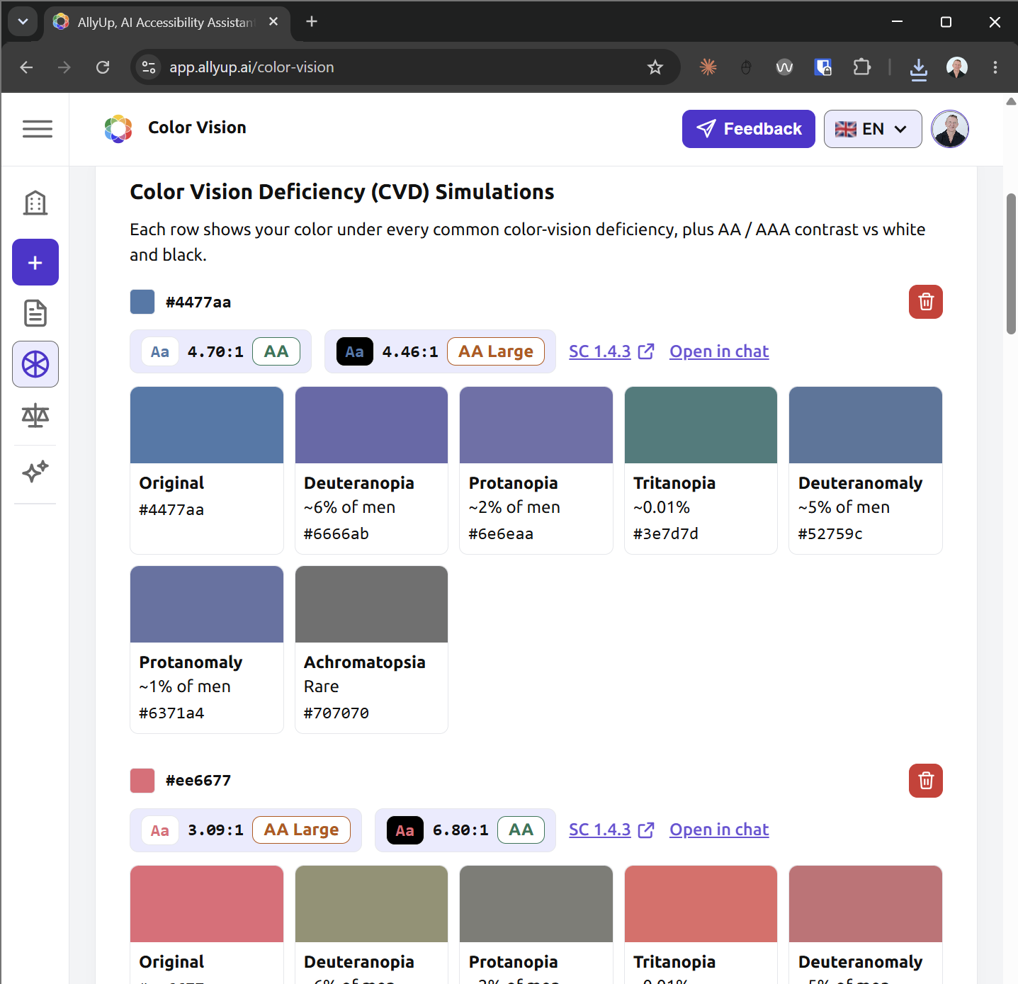 An AllyUp Colour Vision Studio view showing a palette simulated across colour vision deficiency types with a contrast matrix.