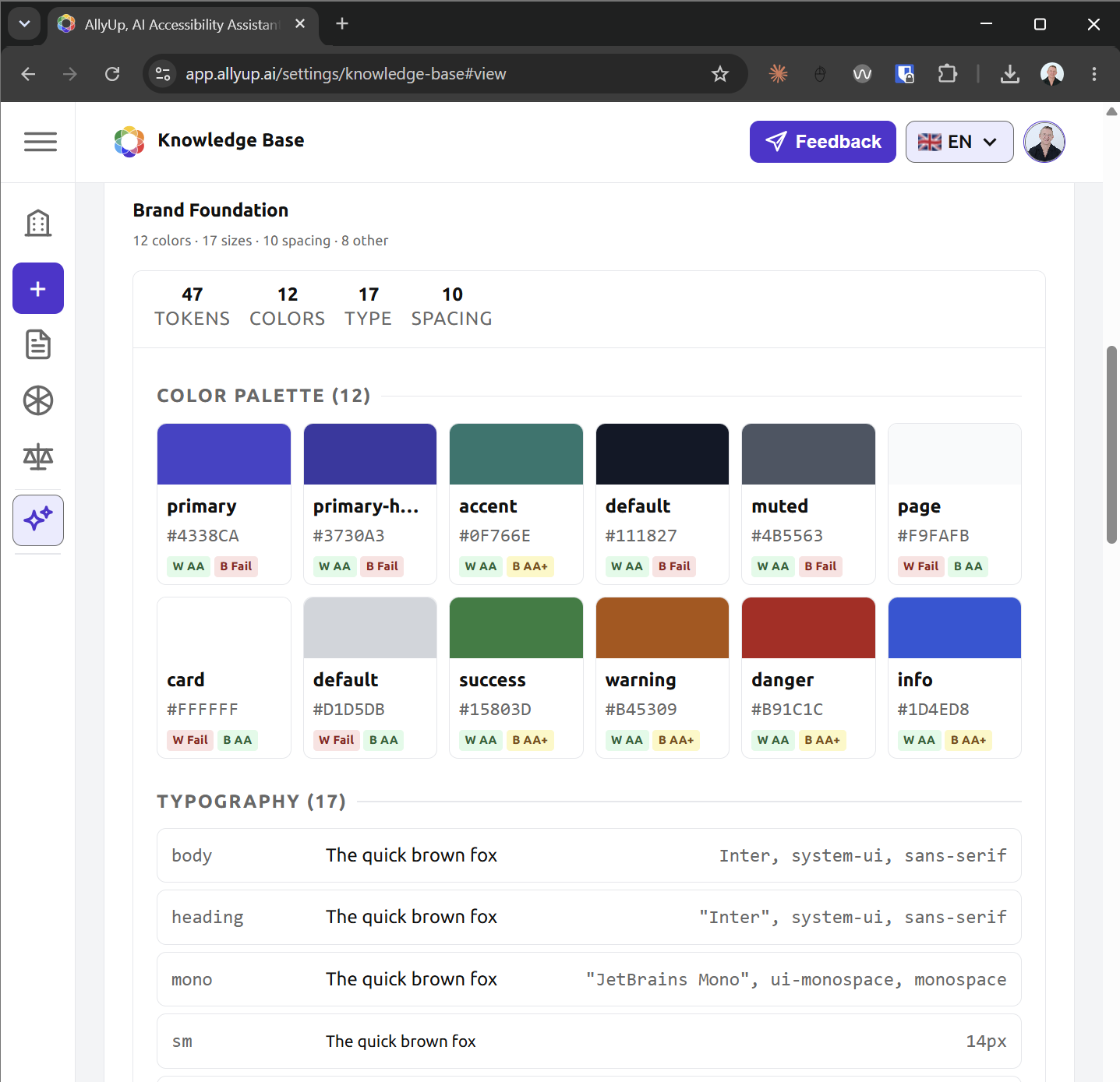 An AllyUp knowledge base showing uploaded design system files and brand guidelines used as context for every chat and scan.