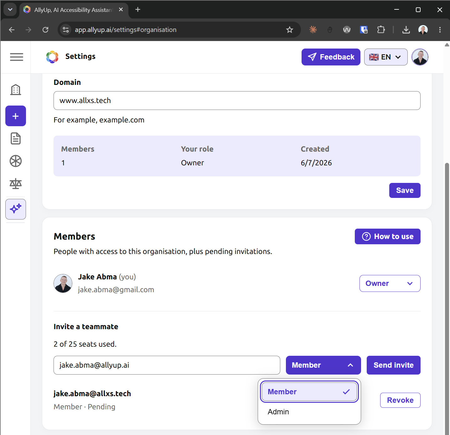 An AllyUp organisation management screen showing team members with their Owner, Admin, and Member roles.