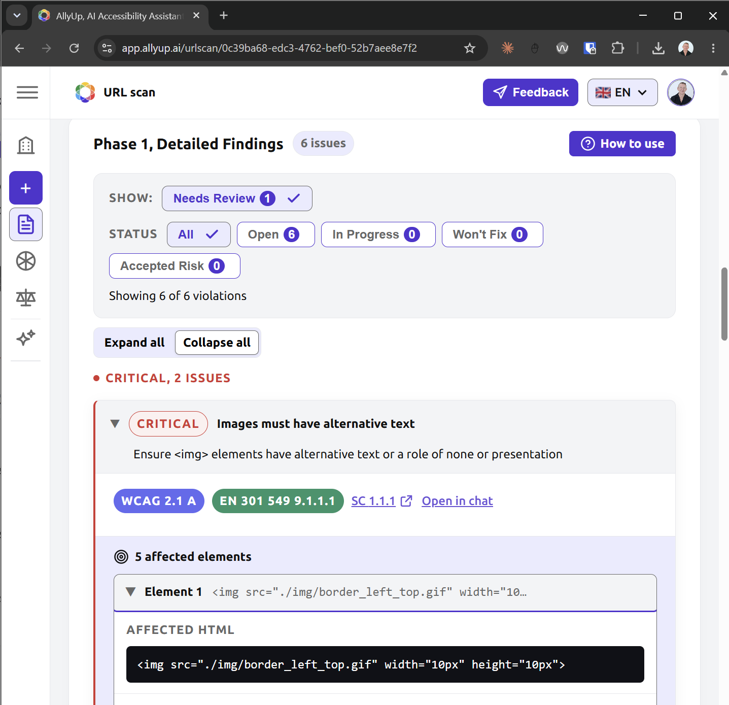 An AllyUp URL scan report for the W3C demo page: a 46 out of 100 score rated Poor, with an Issue Summary of 2 critical, 3 high, 1 medium and 0 low issues.