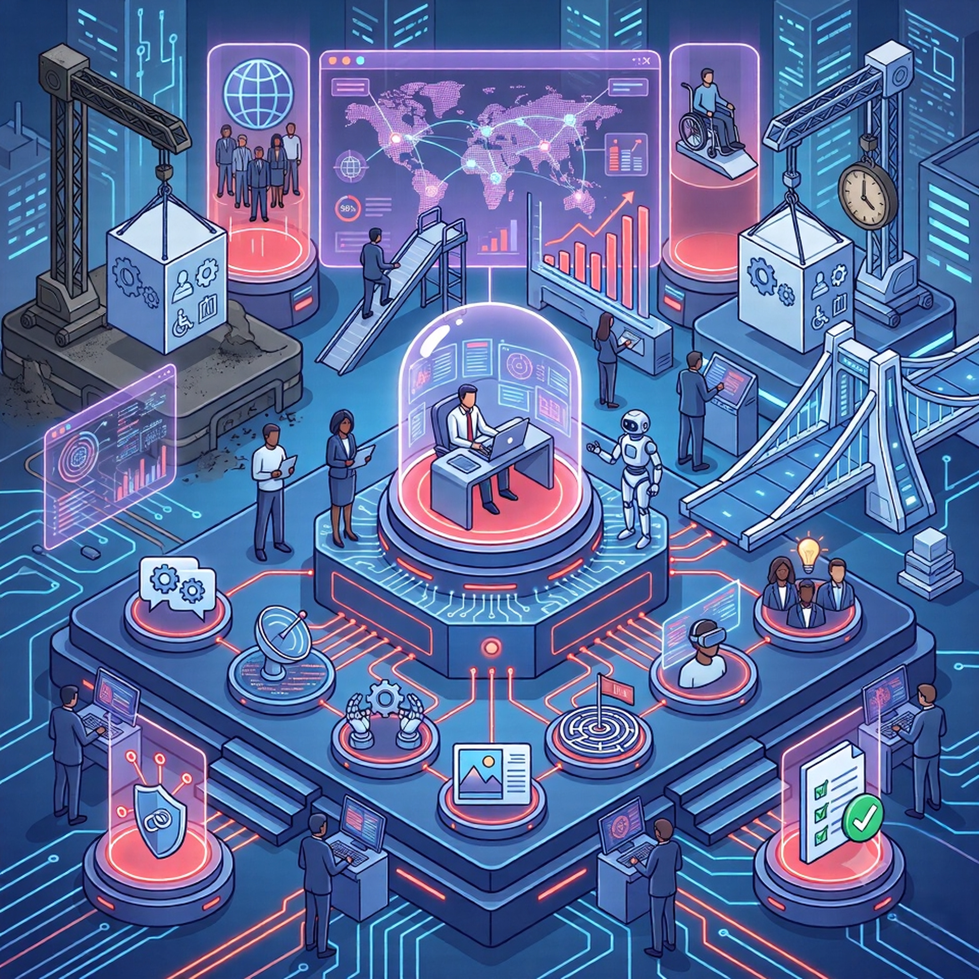 An isometric illustration of a person and an AI assistant at a central desk, ringed by colleagues, dashboards, and AllyUp feature nodes for chat, scanning, testing, and compliance.